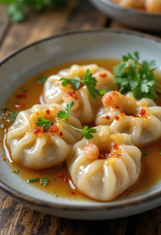 Bánh bột lọc halszósszal, tálalva friss korianderrel