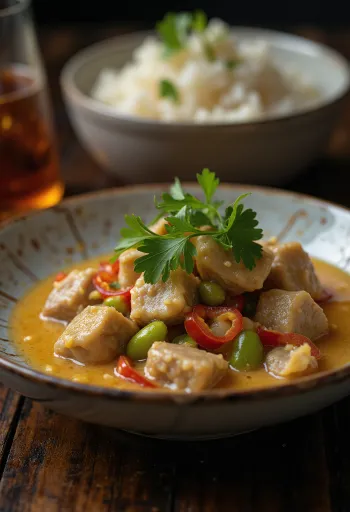 Bárány Bicol Express tálalva egy tálon, gazdag és krémes kókusztej alapú szósszal