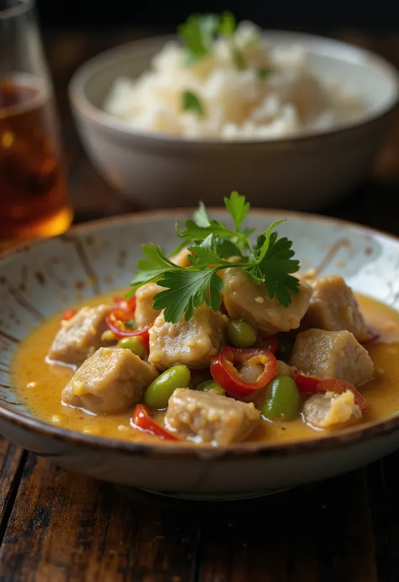 Bárány Bicol Express tálalva egy tálon, gazdag és krémes kókusztej alapú szósszal