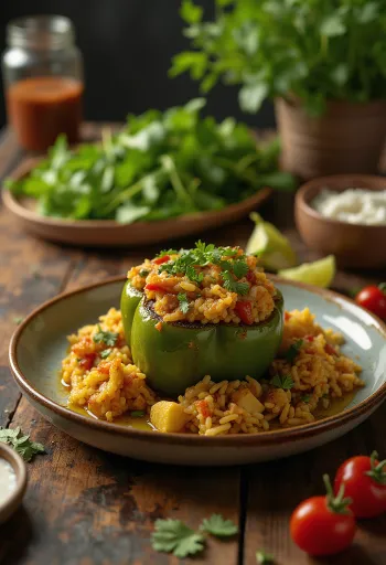 Bharwa Shimla Mirch, töltött paprika, friss korianderrel díszítve