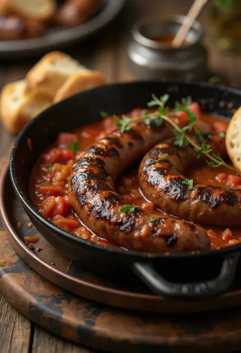 Boerewors kolbász paradicsomszósszal, friss fűszerekkel tálalva