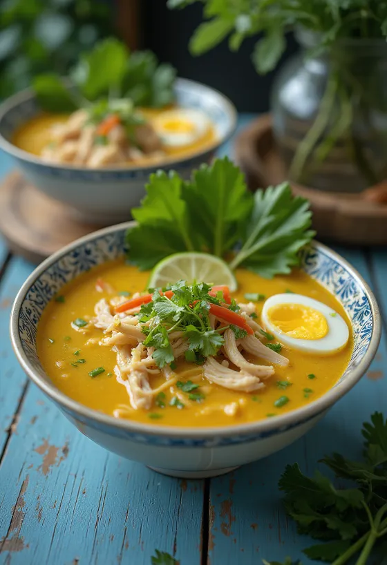 Cibinong laksa, tamarindos kókusz alapú leves csirke, tészta és friss zöldségekkel tálalva.