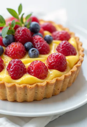 Crostata vaníliás krémmel és friss gyümölcsökkel, rusztikus tálalásban
