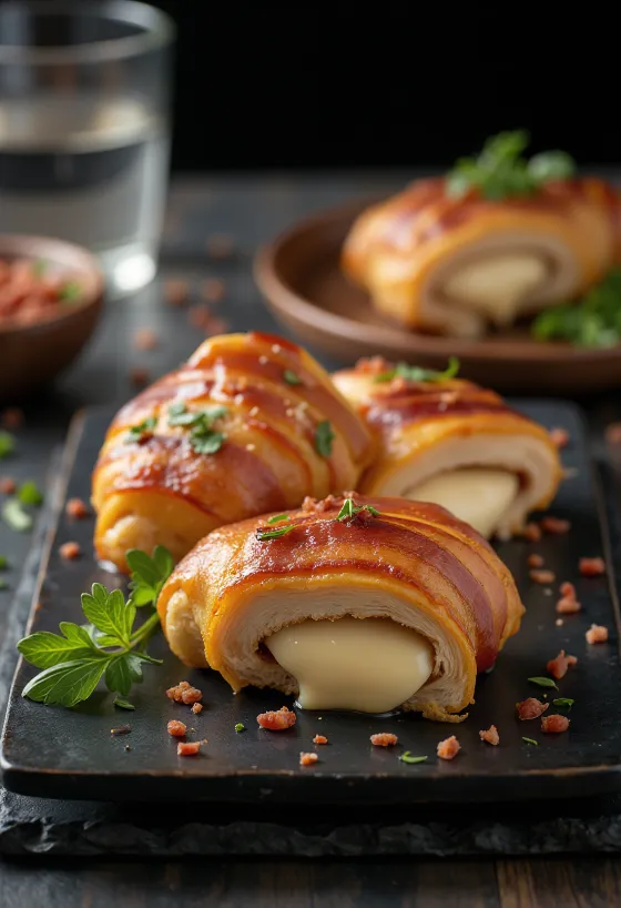 Csirkemell baconbe göngyölve sajttal töltve, salátával és sült burgonyával tálalva