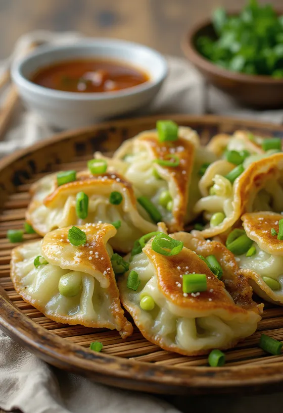 Edamame gyoza aranybarna aljú darabok tálalva szójaszószos mártogatóval