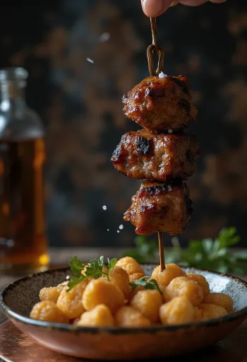 Espetada marhahúsból és babérlevéllel, grillezett nyársak tálalva