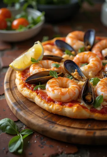 Extra garnélás Frutti di Mare pizza tálalva