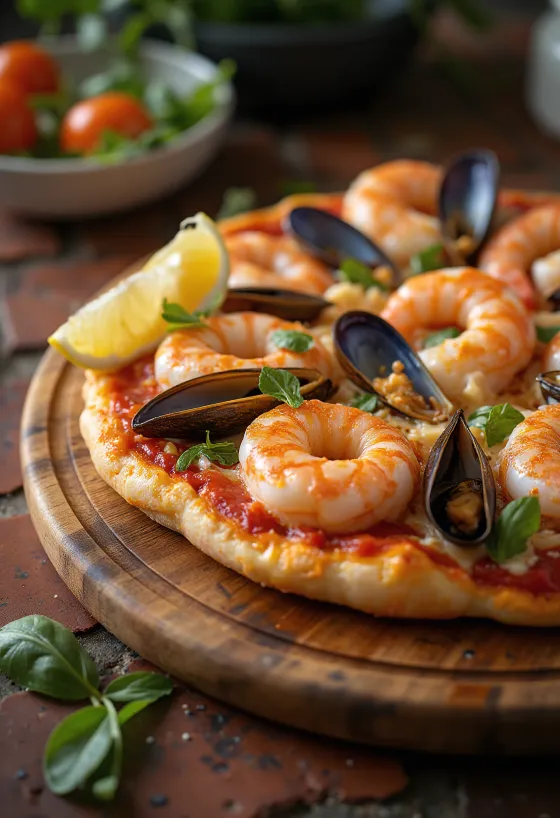 Extra garnélás Frutti di Mare pizza tálalva