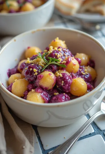 Feketeribizlis és mascarponés gnocchi tálalva