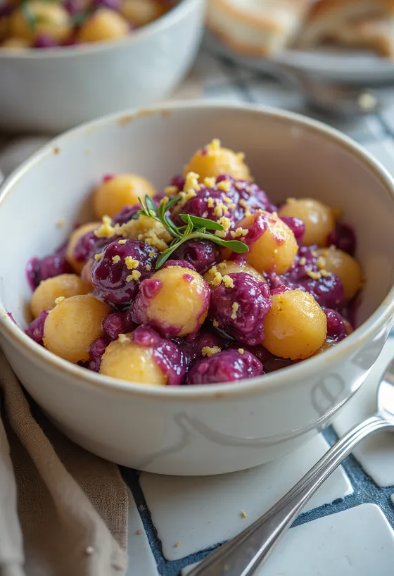 Feketeribizlis és mascarponés gnocchi tálalva