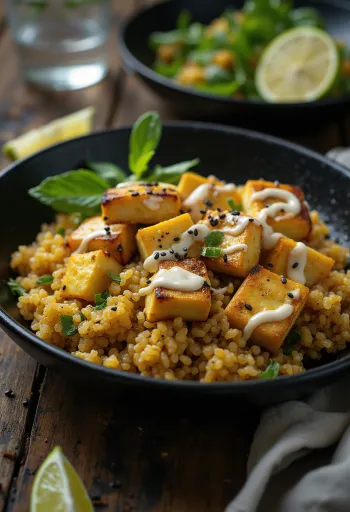 Grillezett tofu quinoa wok currys tahinivel tálalva