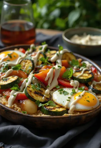 Grillezett zöldségek tahini öntettel, petrezselyemmel díszítve