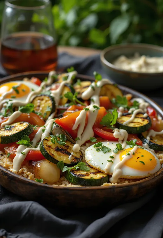 Grillezett zöldségek tahini öntettel, petrezselyemmel díszítve