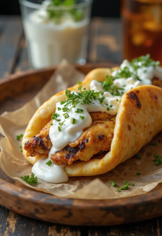 Gyros szendvics sült csirkével, friss zöldségekkel és tzatziki szósszal
