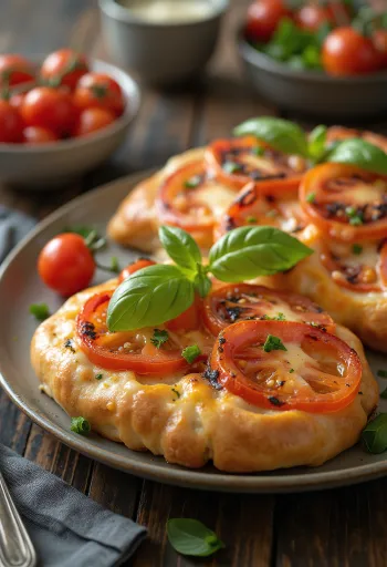 Khachapuri paradicsommal, friss, aranybarna sajtos lepények paradicsomkarikákkal