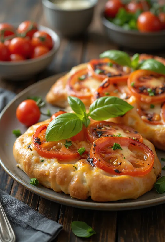 Khachapuri paradicsommal, friss, aranybarna sajtos lepények paradicsomkarikákkal