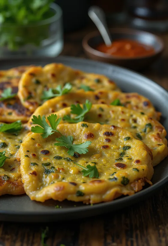 Methi chilla, fűszeres indiai palacsinta friss korianderrel