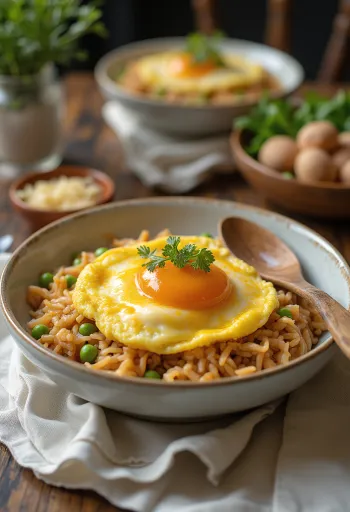 Omurice tál szójaszósz, tojással és zöldségekkel tálalva