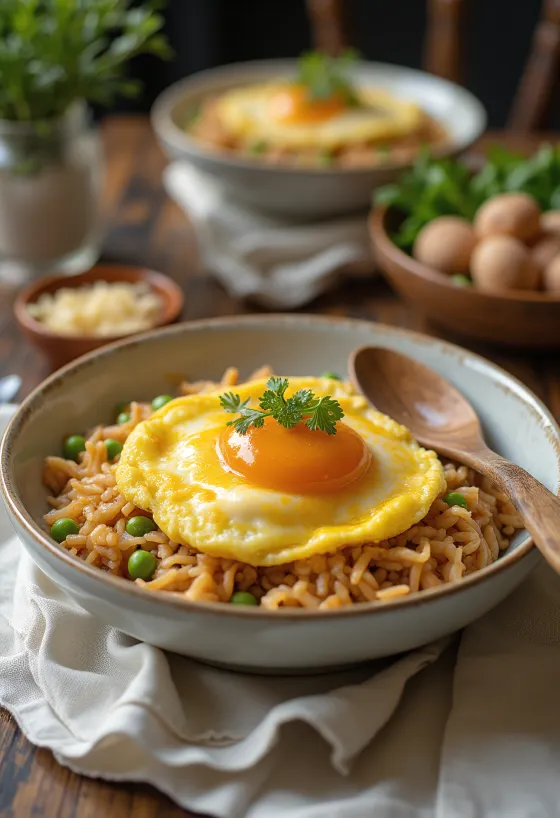 Omurice tál szójaszósz, tojással és zöldségekkel tálalva