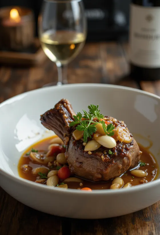 Osso buco rozmaringgal, gazdag szószban, tálalva