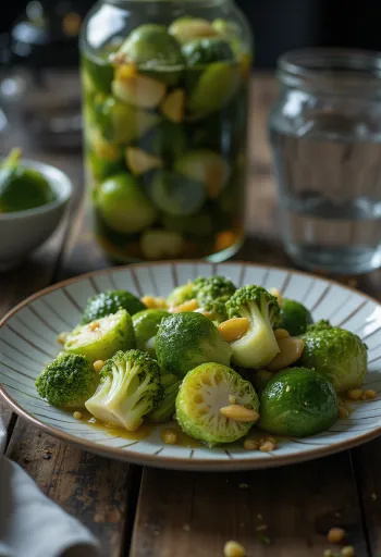 Pickled Brussels sprouts in a glass jar