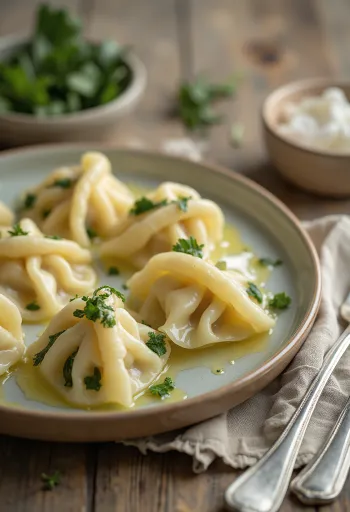 Pierogi túróval és spenóttal, túrós-spenótos töltelékkel tálalva