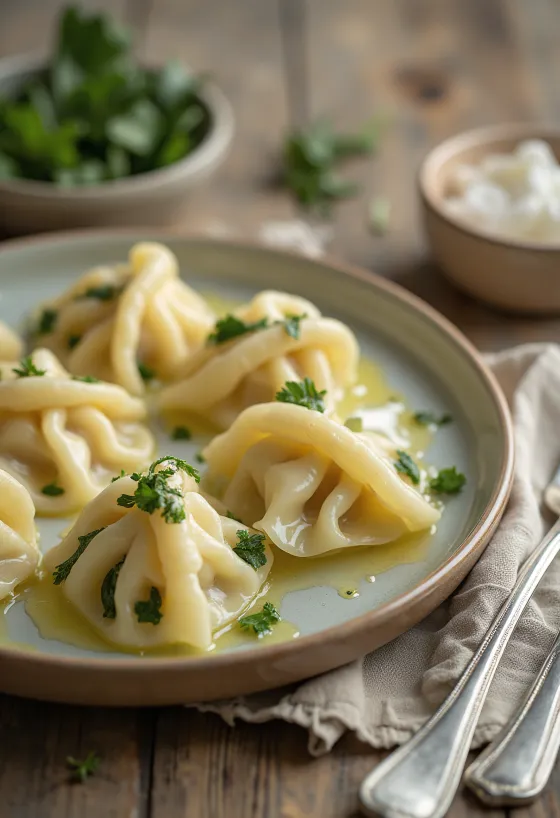 Pierogi túróval és spenóttal, túrós-spenótos töltelékkel tálalva