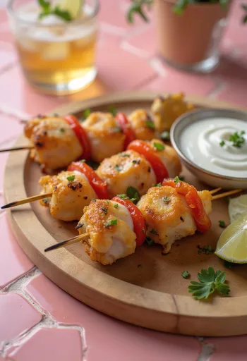 Pintxo csirkével és joghurttal, egy tálon tálalva, friss korianderrel