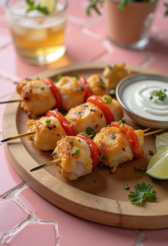 Pintxo csirkével és joghurttal, egy tálon tálalva, friss korianderrel
