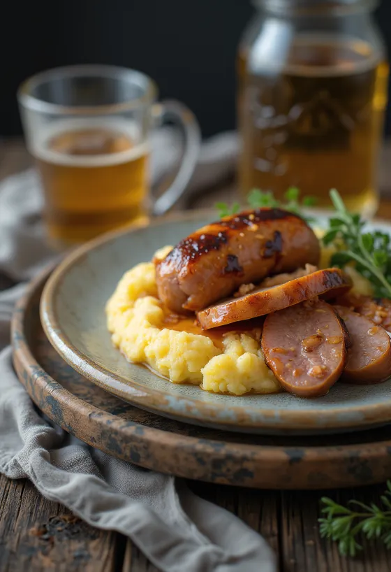 Krémes polenta sült kolbásszal tálalva, egyszerű és laktató fogásként