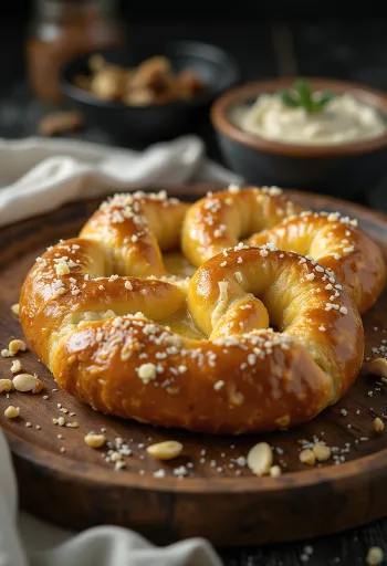 Friss, házi készítésű fokhagymás pretzel, ropogós és aranybarna, durva sóval megszórva