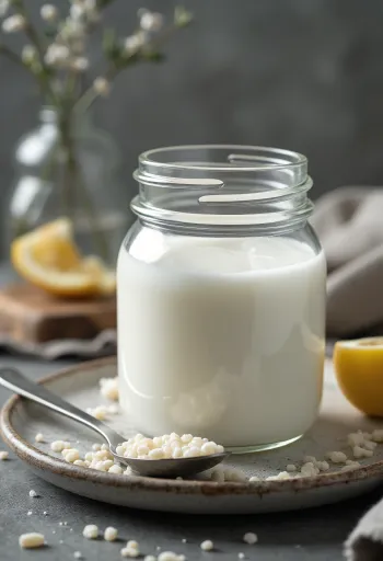 Probiotikus tej kefir üvegben, fehér ital krémes textúrával