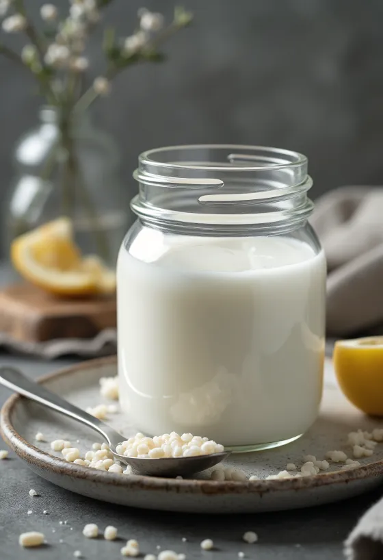 Probiotikus tej kefir üvegben, fehér ital krémes textúrával