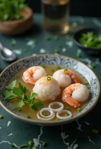 Rákos tangyuan, rákos golyók szaftos töltelékkel, tálalva korianderrel és zöldhagymával