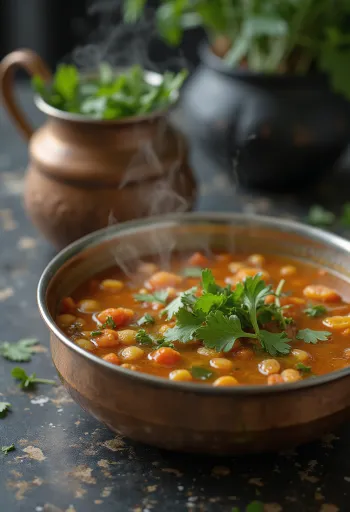 Rasam hosszú borssal, gazdag fűszeres lé tálalva friss korianderrel