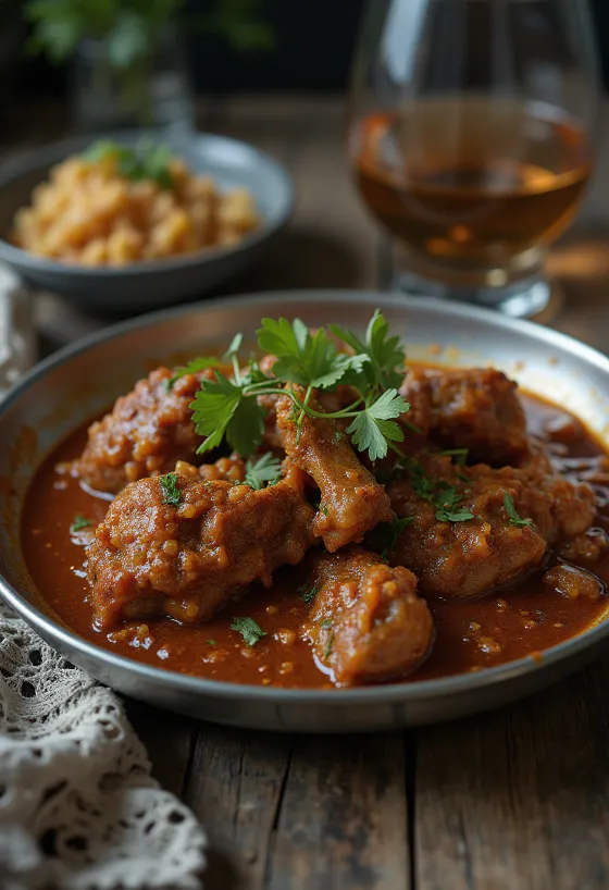 Rogan Josh kecskehússal, fűszeres szószban tálalva