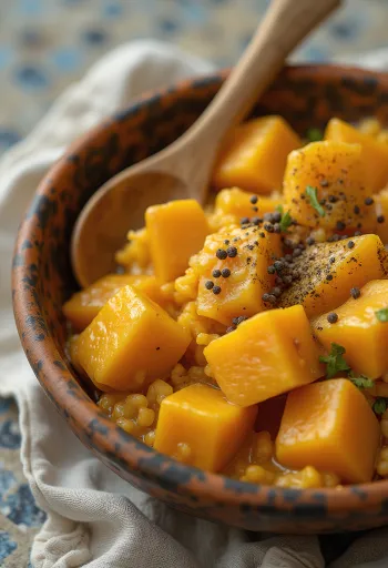 Sütőtök curry édesburgonyával tálalva