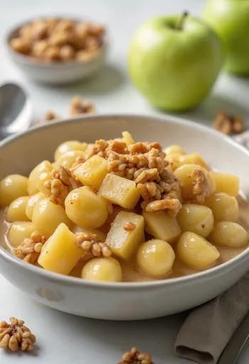Zöldalmás és karamellizált diós gnocchi tálalva