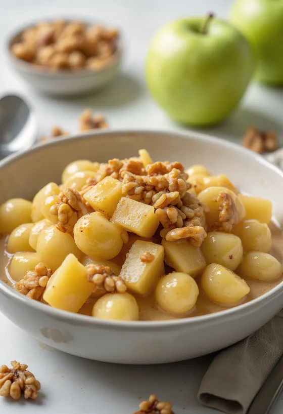 Zöldalmás és karamellizált diós gnocchi tálalva