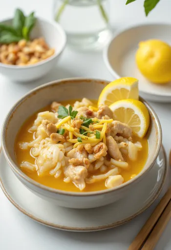 Arroz Caldo pörkölt rizses étel, gazdag rizs és csirke darabokkal, friss korianderrel