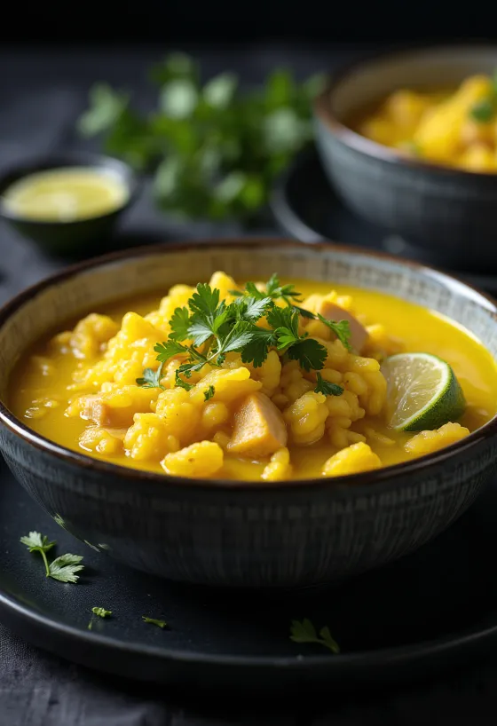Arroz Caldo sáfrányos csirkével, friss korianderrel tálalva