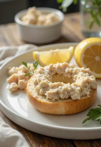 Bagel tonhalkrémmel és krémsajttal, friss petrezselyemmel díszítve