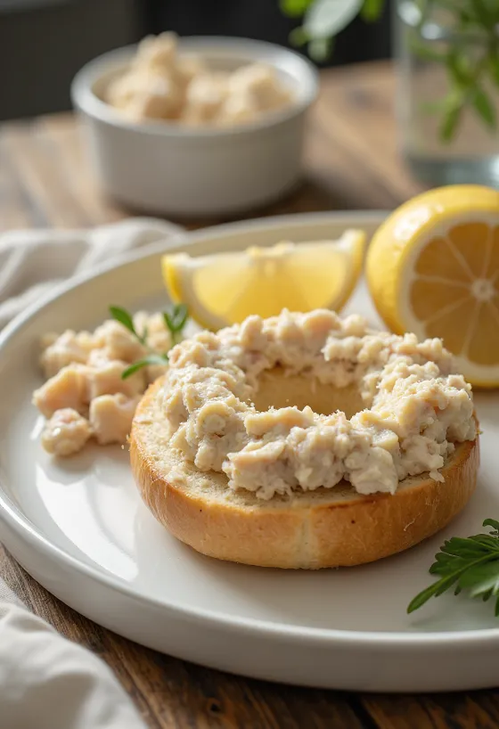 Bagel tonhalkrémmel és krémsajttal, friss petrezselyemmel díszítve