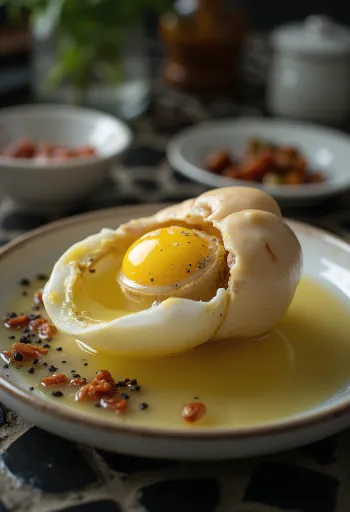Balut ecetes mártással tálalva, korianderrel díszítve
