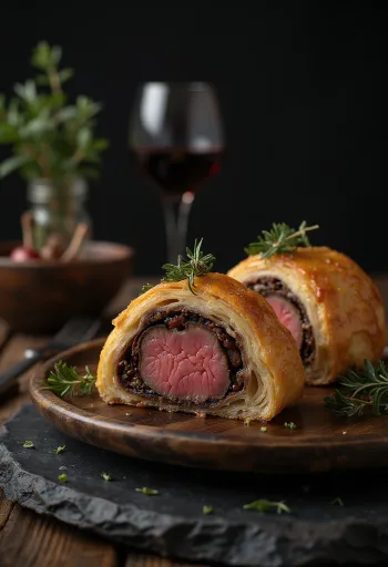 Beef Wellington tálalva