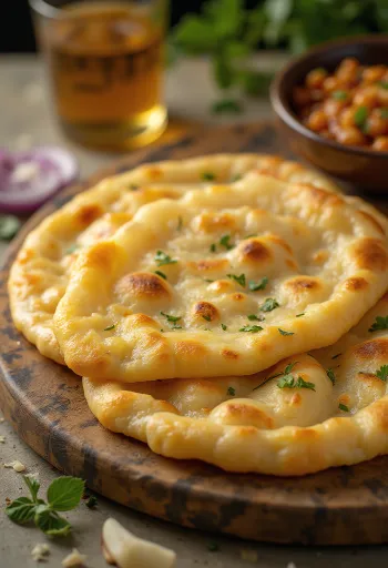 Bhature fokhagymával, frissen sülve, tálalva