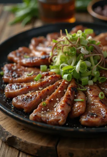 Bulgogi galbi, grillezett marhahússzeletek szezámmaggal és zöldhagymával tálalva