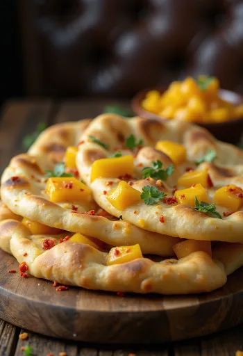 Chilis-mangós naan kenyér tálalva
