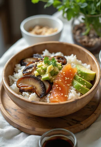 Chirashizushi tál friss lazaccal, shiitake gombával és avokádóval
