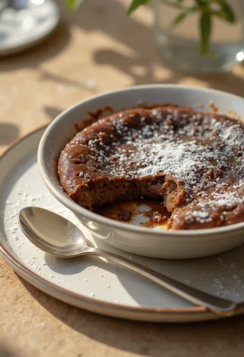 Friss, aranybarna Clafoutis csokoládéval, tálalva